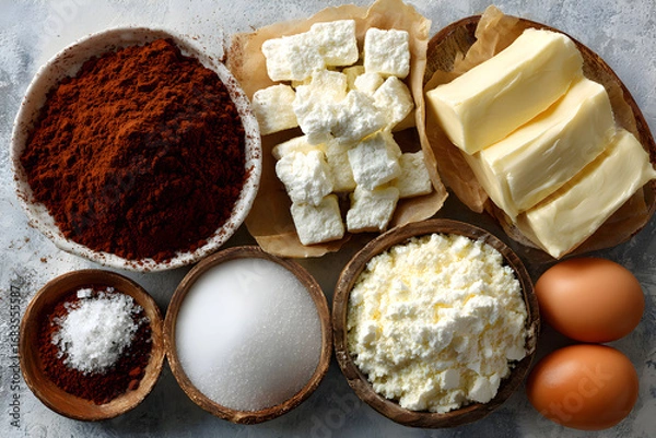 Fototapeta Cocoa powder, butter, sugar, eggs, and flour in bowls on a table.