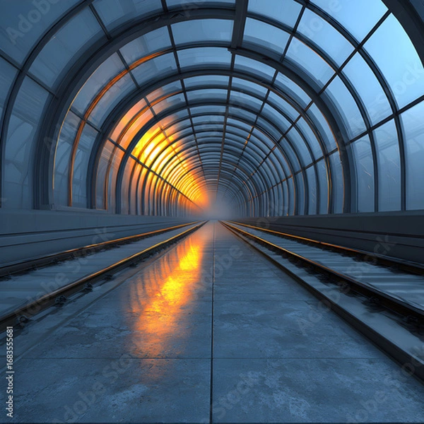 Fototapeta Empty arched corridor with glass ceiling and reflective floor