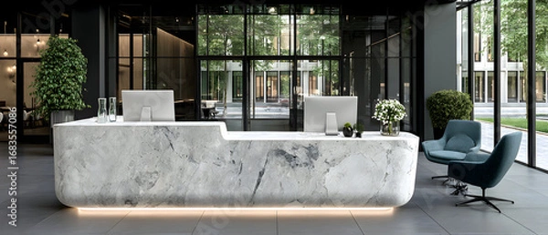 Fototapeta Modern marble reception desk in a building lobby with a teal chair and potted plant.
