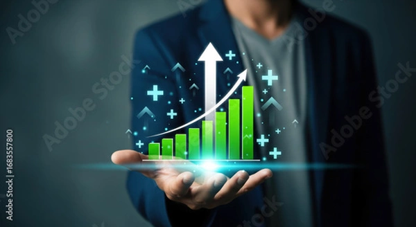Fototapeta A business growth success finance chart graph arrow increase progress hand concept digital technology positive upward bar data analysis investment economy futuristic professional strategy