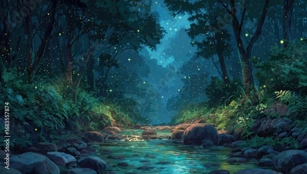 Fototapeta Night forest stream, fireflies. Lush, dark trees line a tranquil stream in a magical forest at night.  Fireflies light the scene.  Peaceful, calming
