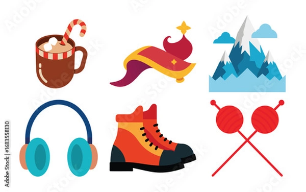 Fototapeta Vector art of collection of winterthemed icons including a mug of hot chocolate, a festive christmas tree, snowcapped mountains, headphones, hiking boots, and knitting needles isolated on a