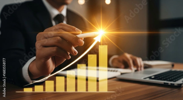 Obraz A businessman hand holding pen drawing glowing upward arrow on bar graph, symbolizing financial growth, success, and positive business trend in modern office environment