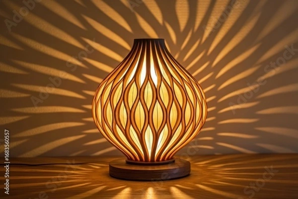 Obraz Illuminated wooden table lamp with wavy flame-like shadow patterns on wall and table