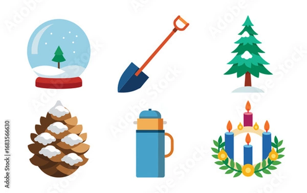 Fototapeta Vector art of collection of winter and christmas themed flat icons including a snow globe, shovel, christmas tree, pinecone, thermos, and candle wreath