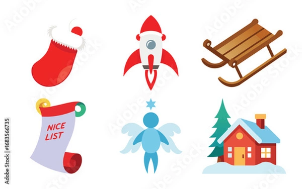 Fototapeta Vector art of collection of christmas and winter holiday icons including a stocking, rocket, sled, nice list, angel, and house