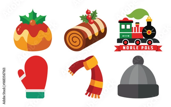 Fototapeta Vector art of collection of christmasthemed icons including a festive pudding, a swiss roll, a toy train, a red mitten, a scarf, and a beanie