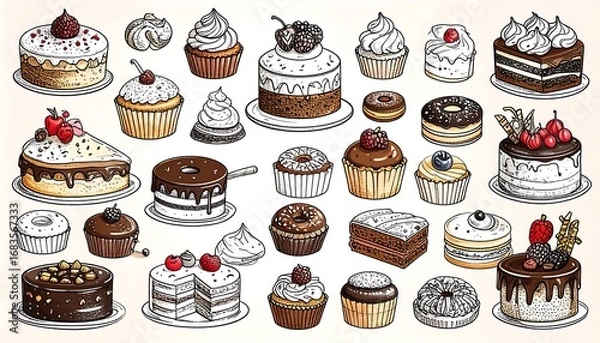 Obraz A collection of delectable pastries, cakes, and cupcakes, drawn with detailed linework and showcasing various sweet treats.