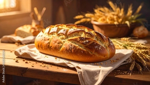 Obraz A beautifully presented artisan loaf of bread, displayed on a rustic wooden table, bathed in warm sunlight.