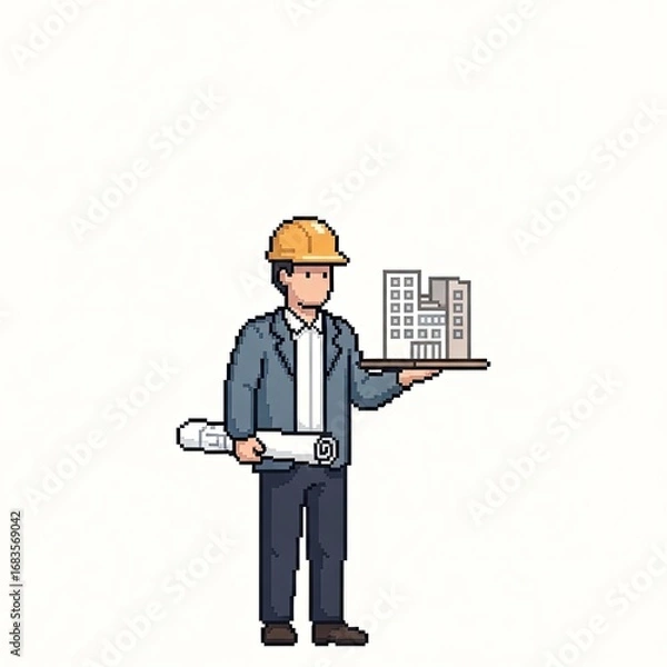 Fototapeta Pixel art architect presenting building model and blueprints.