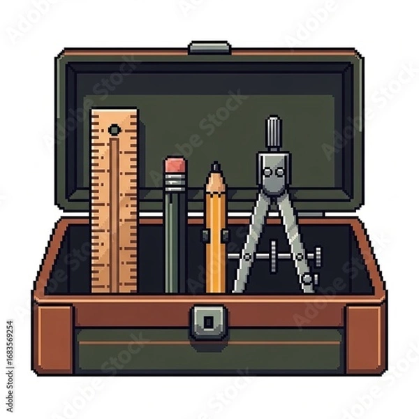 Fototapeta Open toolbox containing pencils, ruler, and compass; pixel art style.