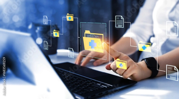 Fototapeta Electronic database and documents a patient's. Technology access information of history patient's, database, storage, Medical  data information management.