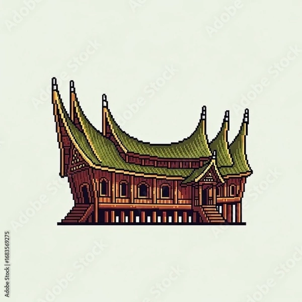 Obraz Pixel art depiction of a traditional Minangkabau Rumah Gadang house, showcasing its unique curved roof and elevated structure.