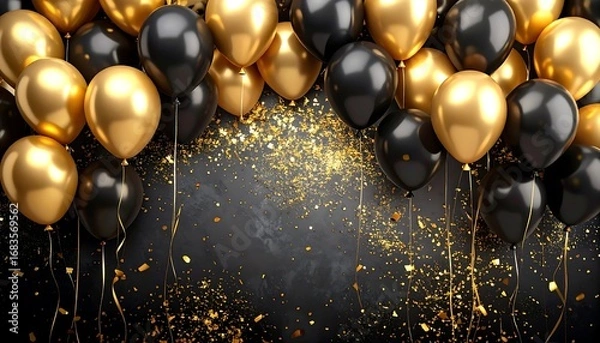 Fototapeta A festive composition of numerous black and gold balloons against a dark backdrop, adorned with glittering confetti, creating a celebratory and glamorous atmosphere.