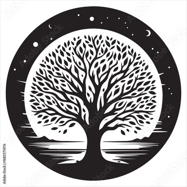Fototapeta Vector illustration of a black tree silhouette with detailed branches and roots, perfect for a nature-themed design