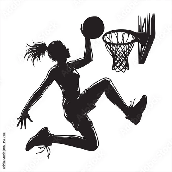 Fototapeta Silhouette of a female basketball player in mid-air about to score. Dynamic vector illustration of a woman athlete jumping for a slam dunk