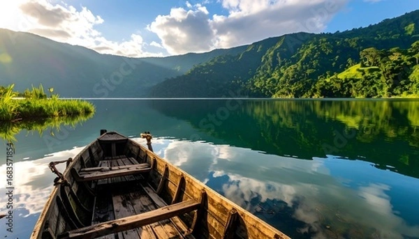 Fototapeta A tranquil wooden boat floats on a serene lake, nestled amidst lush green mountains and a vibrant sky, reflecting the beauty of nature's tranquility.