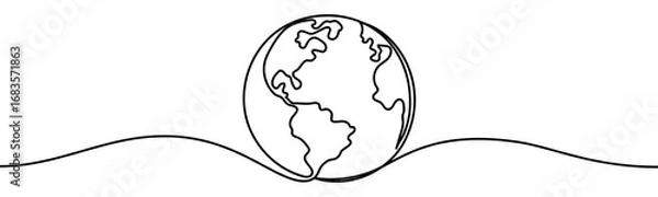 Fototapeta Earth planet sign. Symbol of global ecology, sustainability, environment protection and green future, vector illustration in continuous line style