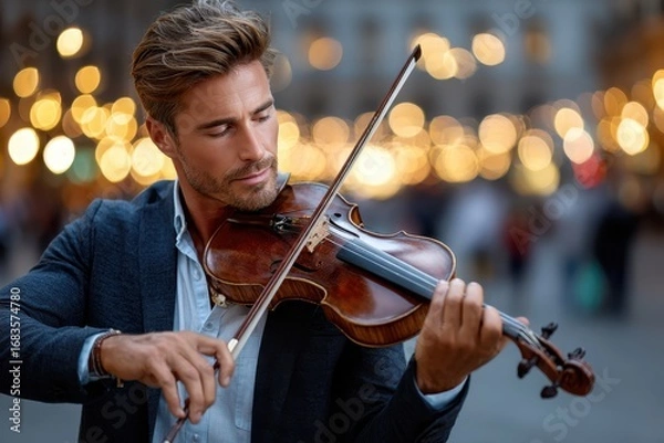 Fototapeta Musician performs on violin in busy plaza during evening with warm lights