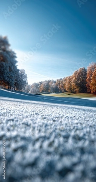 Obraz Frosty autumn park vista.  A low-angle view of a snowy park.  Trees in autumn colors (orange, brown) are in the background, and a clear blue sky fills the top.  