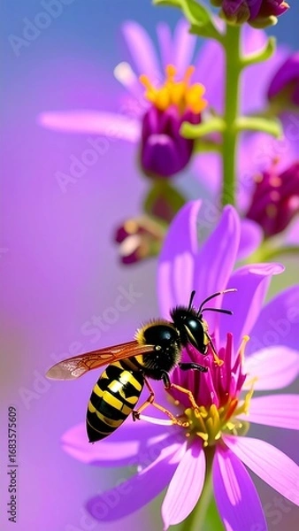 Fototapeta A vibrant wasp, with a striped yellow and black pattern, rests delicately on a vibrant purple flower, showcasing a close-up view of the insect's intricate features.