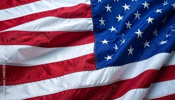 Fototapeta Close-up view of an American flag, showcasing the vibrant colors and intricate details of the fabric, as well as the symbolic stars and stripes.