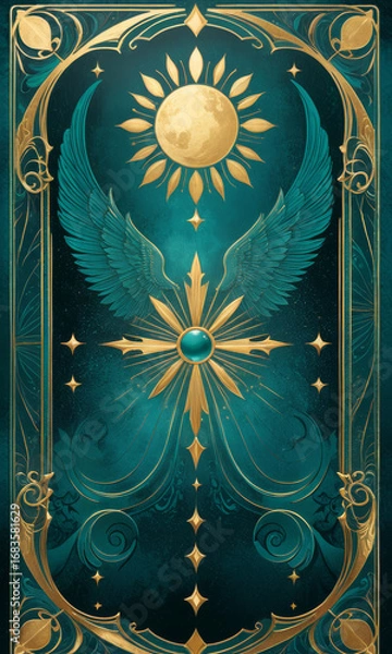 Fototapeta Elegant tarot card design featuring celestial motifs with wings, sun, and moon on a rich teal background