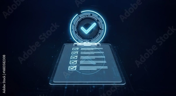 Fototapeta A futuristic glass clipboard with glowing blue checklist and badge in high tech digital space, policy documentation and compliance, terms and conditions, user agreement