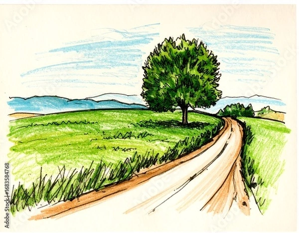 Fototapeta A charming sketch of a winding country road through a grassy landscape, featuring a solitary tree and a backdrop of gentle hills.