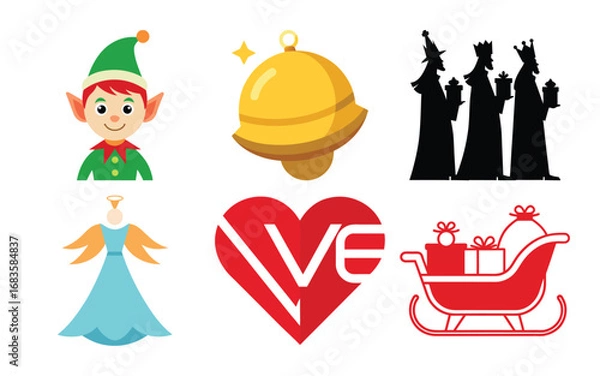 Fototapeta Vector art of collection of christmas and holiday icons including an elf, bell, three kings, angel, heart with love text, and a sleigh with gifts