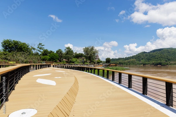 Fototapeta Wide angle view of Kaeng Kud Koo viewpoint, a popular tourist destination beside Me Khong River in Chiang Khan, Loei province, North Eastern of Thailand