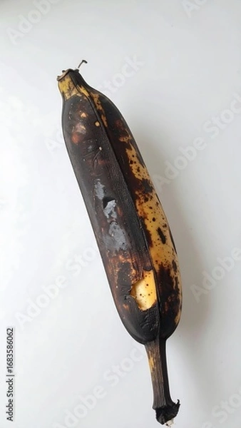 Fototapeta A browned, overly ripe banana displays its darkened skin and a noticeable hole in a simple,  shot.