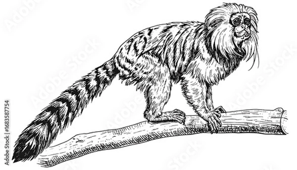 Fototapeta Detailed black and white illustration of a primate perched on a branch, showcasing intricate line work and textured details.