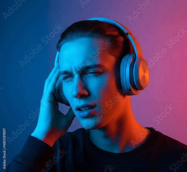 Obraz Portrait of young guy with headphones touching head and squinting like in pain or confusion in neon light against gradient background showing discomfort