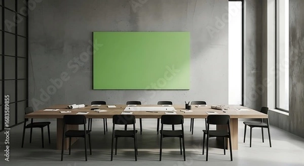 Fototapeta Modern Conference Room with Green Board, Wooden Table, and Black Chairs