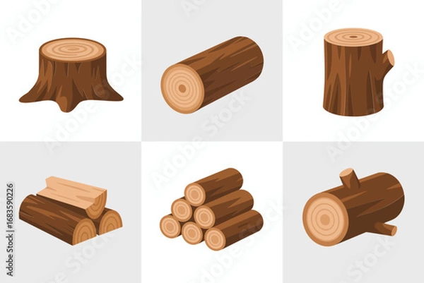 Fototapeta Wood log and stump grid, timber stack icons, cut trunk slices, lumber bundle set, rustic clipart, vector illustration, square tile layout, isolated on white