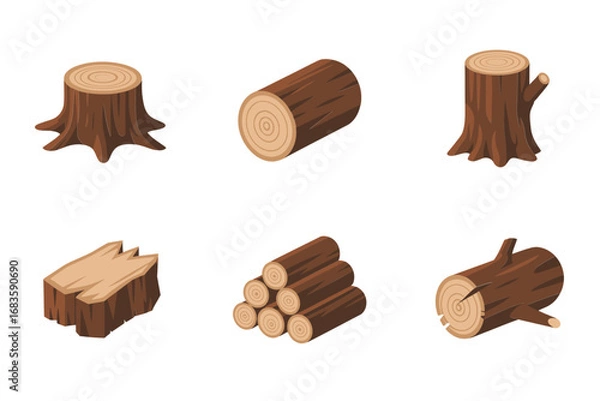 Fototapeta Wood logs and stumps, lumber cut pieces, split firewood stack, round trunk section, forestry vector icons, flat style, isolated on white, outdoor camp design