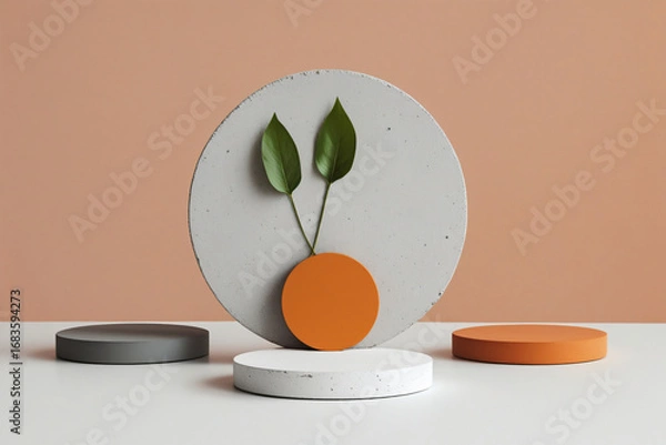 Fototapeta Minimalist Scandinavian Composition with Wooden Discs, Concrete Texture, and Green Leaves on Peach Background – Modern Clean Design Aesthetic
