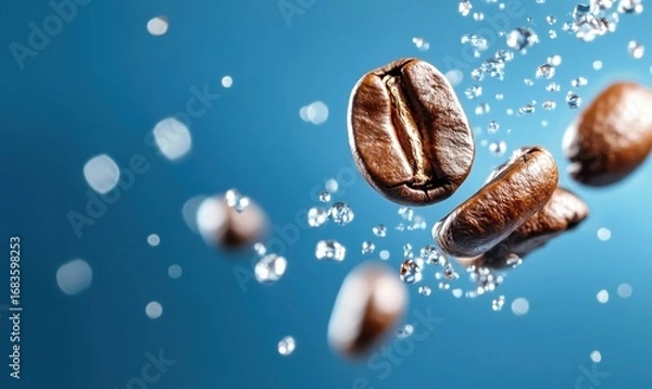 Fototapeta Freshly Roasted Coffee Beans Splashed with Water Droplets Against a Blue Background for Beverage and Culinary Themes