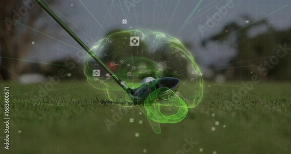Fototapeta Golf driver head with neon-green brain hologram hitting golf ball on fairway, network grid nodes