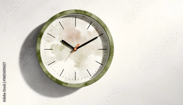 Fototapeta Wall clock with watercolor design showing time on white wall  