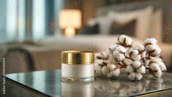 Fototapeta A jar of cream sits on a glass table in a bedroom setting