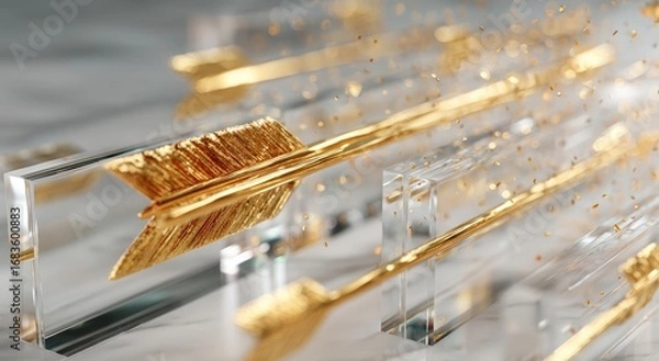 Fototapeta Golden arrows within clear blocks on a marble surface