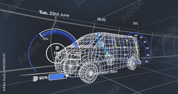 Obraz Wireframe SUV model rotating in virtual tunnel grid, with Eco gauge, battery bar, navigation arrow