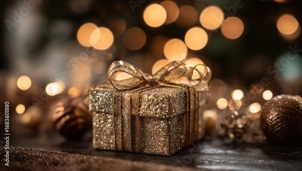 Fototapeta Golden gift box with bokeh lights (1)