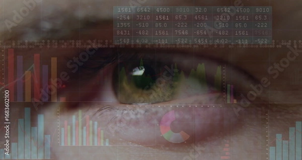 Obraz Merging close-up human eye with data panels at interface, with data visualizations