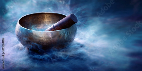 Obraz Tibetan singing bowl with wooden mallet surrounded by mystical smoke and blue atmosphere for meditation - AI generated