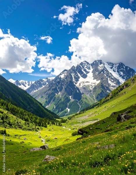 Fototapeta A picturesque alpine valley, with towering snow-capped peaks, vibrant green meadows, and a clear blue sky dotted with fluffy clouds.