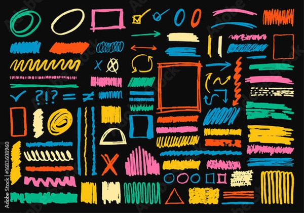 Fototapeta Abstract colorful scribble and doodle elements. Hand drawn marker strokes set. Freehand pencil texture graphic template.