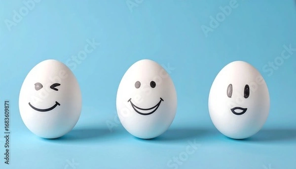 Fototapeta Three white eggs, each with a different expressive emoticon, are arranged against a vivid light-blue background.